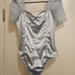 HALARA Light Blue Satin Bodysuit with Sheer Sleeves